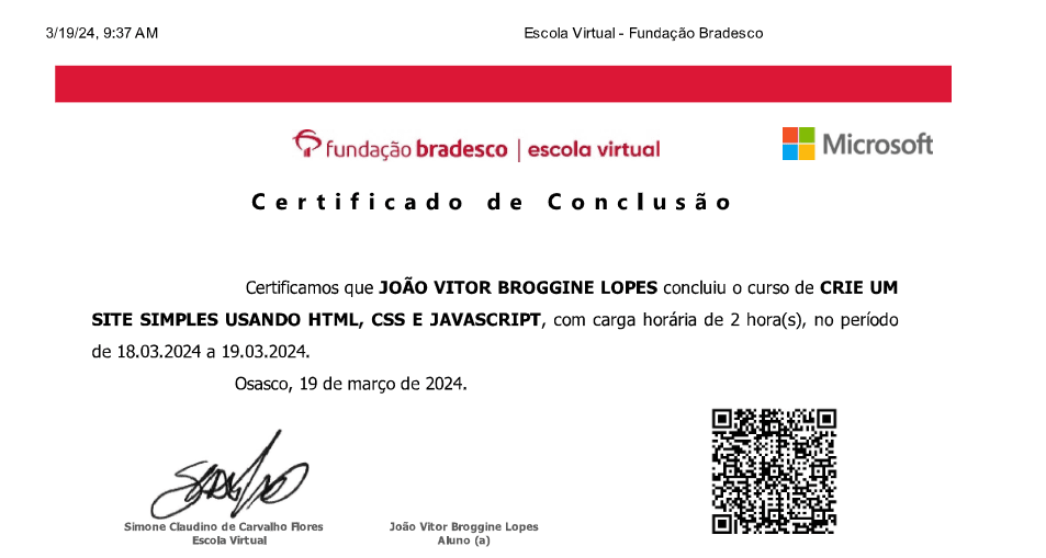 Certificado da Fundação Bradesco de HTML, CSS e JavaScript