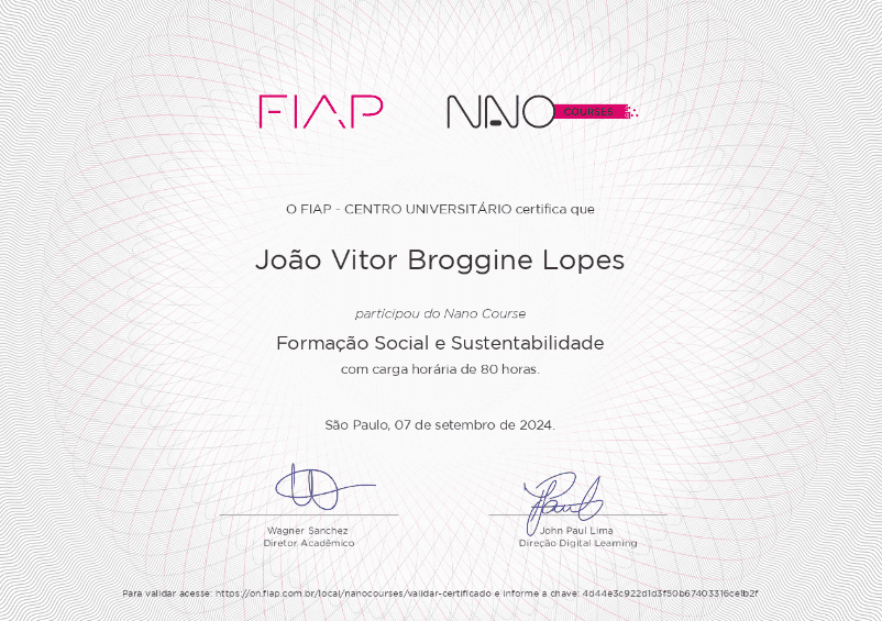 Certificado da FIAP sobre Formação e Sustentabilidade