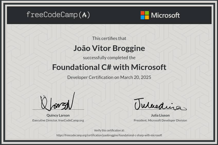 Certificado freeCodeCamp em parceria com a Microsoft